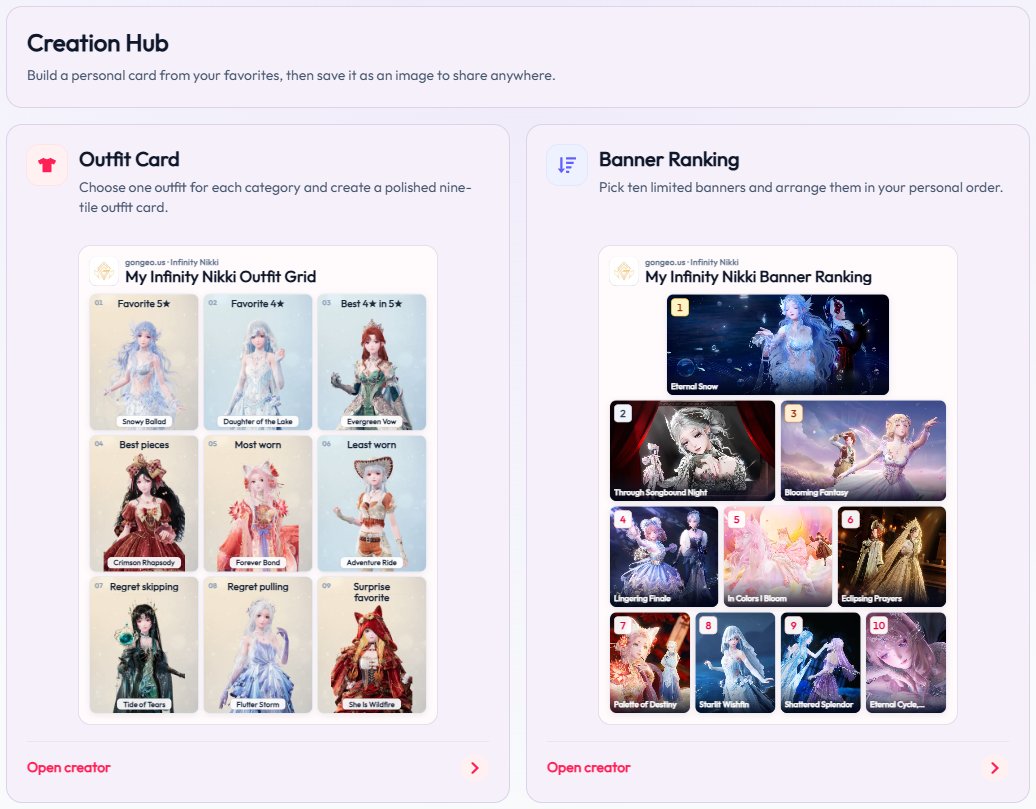 gongeo_us's tweet photo. Let’s rank our favorite Infinity Nikki outfits &amp; banners

I added a new Creation Hub to https://t.co/ewfJO4s7uD
You can make an Outfit Card, rank your favorite banners, then save and share your results

Try it out: https://t.co/hNfW699Q27

#InfinityNikki #infinitynikkitwt https://t.co/0lJlfFD6pB