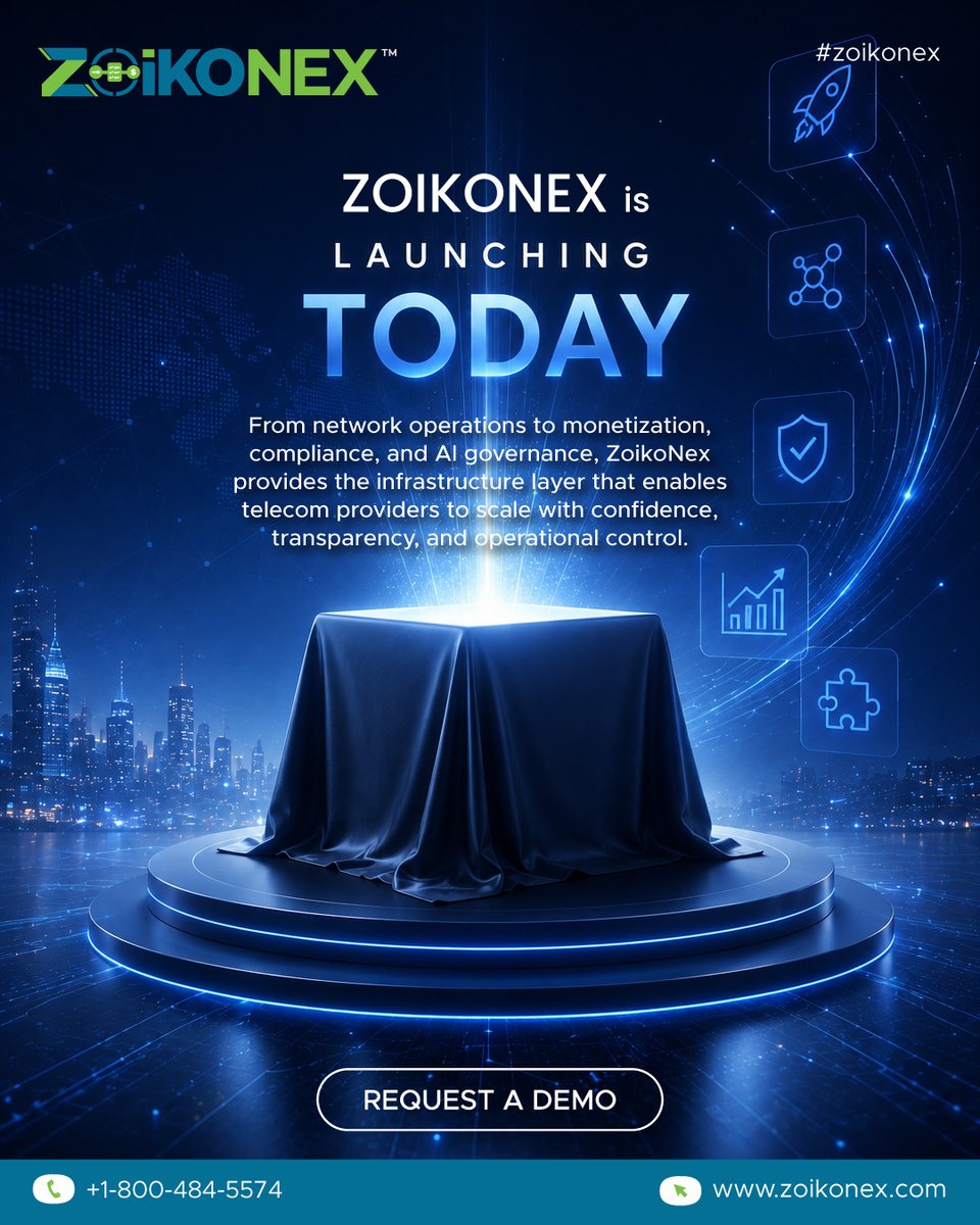 zoikonex's tweet photo. ZOIKONEX IS LAUNCHING TODAY! 🚀🌐

From network operations to monetization, compliance, &amp; AI governance, ZoikoNex gives telecom providers the infrastructure to scale with confidence &amp; control.📡⚡

🌐https://t.co/2eTfRjOJ41
📞+1-800-484-5574
#ZoikoNex #Telecom #TelecomTechnology https://t.co/xbvRRbMfty