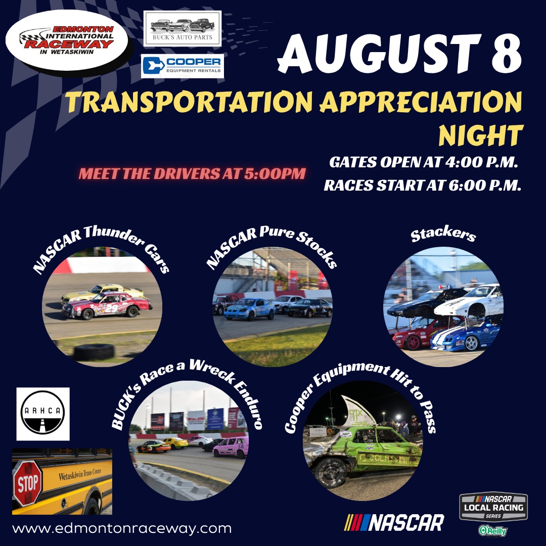 RobbyErrinqt's tweet photo. Transportation Appreciation Night is this Saturday at Edmonton International Raceway! Transportation workers and their families get free entry. Register online in advance. Racing starts at 6 PM on August 8, 2026. https://t.co/o3PGUYxjxV