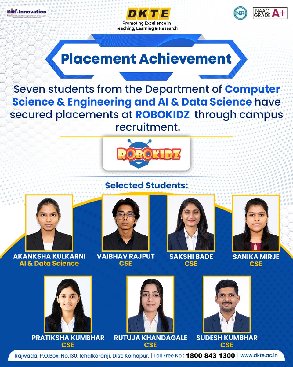 dktestei's tweet photo. Placement Achievement
Seven students from the Department of Computer Science & Engineering and AI & Data Science have secured placements at ROBOKIDZ through campus recruitment.
Congratulations
……
#DKTE #PlacementAchievement #ROBOKIDZ #CampusPlacement #CSE #AIDS #DKTEPlacements https://t.co/SVbgcmQ57d