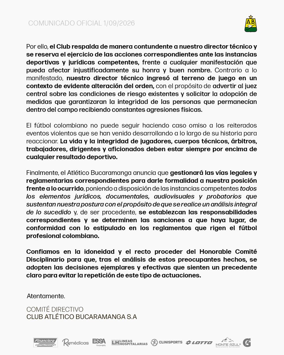 ABucaramanga's tweet photo. 📄𝐂𝐨𝐦𝐮𝐧𝐢𝐜𝐚𝐝𝐨 𝐨𝐟𝐢𝐜𝐢𝐚𝐥: Pronunciamiento sobre los hechos ocurridos ante Deportivo Cali. 

#VolvamosA𝐑𝐔𝐆𝐈𝐑 #MiHerenciaMiPasión🫀 https://t.co/urKkfs6FUa