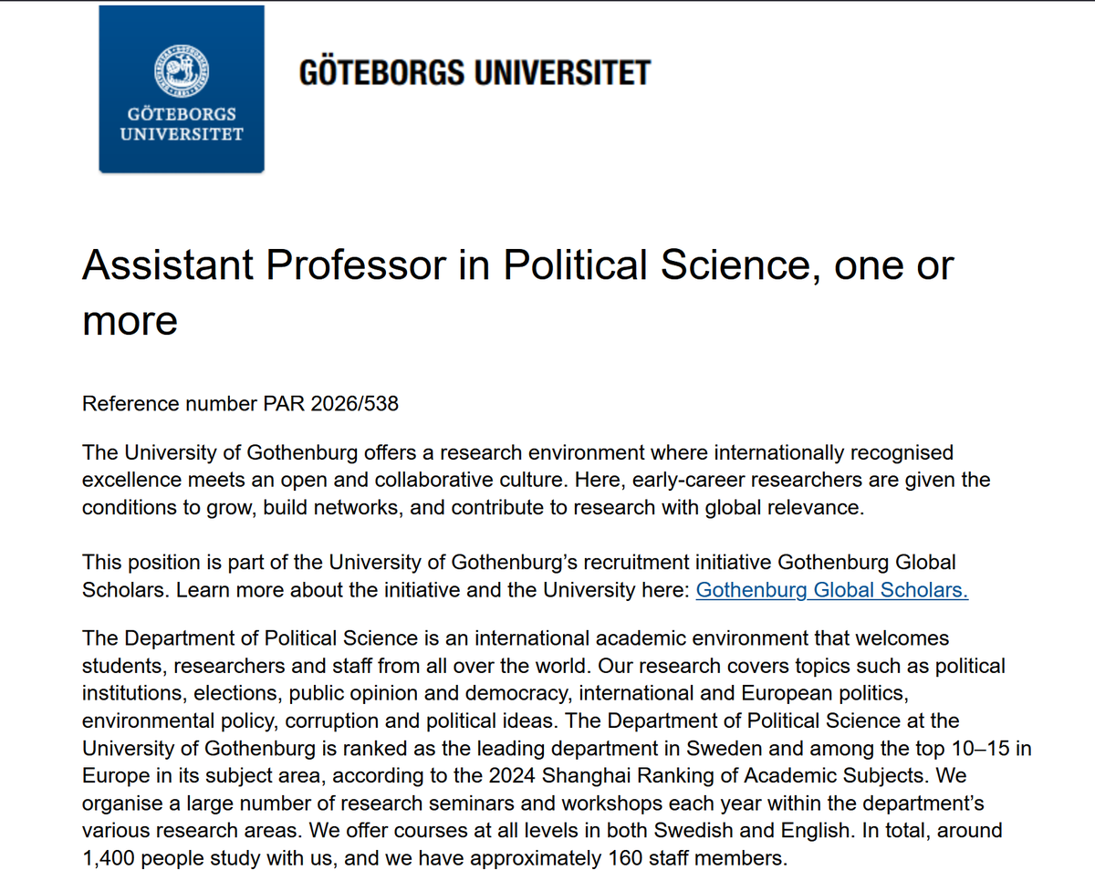 iammalikjaved's tweet photo. Faculty Position: #Assistant_Professor in #Political_Science at University of Gothenburg, #Sweden

30 October 2026

To get #updates on #Whatsapp, Follow: https://t.co/kO9Y9AYxrY

To get #Updates on #X, Follow: https://t.co/meRIFy5WEP

Apply: https://t.co/rxOzYQXPTN https://t.co/TxSPJKaGCZ