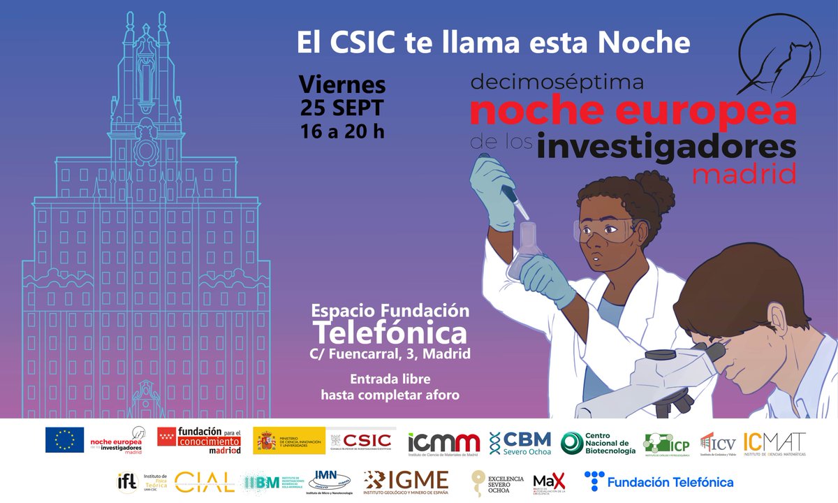 icmm_csic's tweet photo. 🇪🇺 Llega la #NocheEuropeadelosInvestigadores, el evento de divulgación del año.

👾Habrá talleres, demostraciones científicas, música en vivo y teatro.

📅El 25 de septiembre
🕜De 16 a 20 horas
📌En el Espacio Fundación Telefónica
💸¡Entrada libre!
https://t.co/miUifbjPRf https://t.co/YQT542FkXG