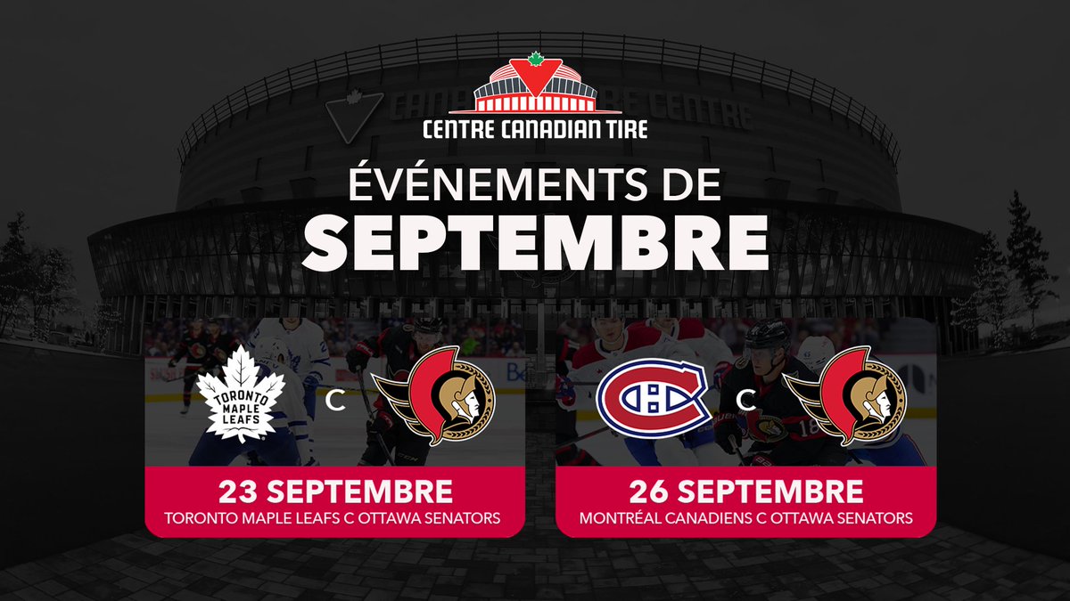 CdnTireCtr's tweet photo. September is here, and that can only mean one thing… hockey season is almost here! Get ready to cheer on your Ottawa Senators and experience another unforgettable season at Canadian Tire Centre.

Septembre est arrivé, et ça ne peut signifier qu’une chose… la saison de hockey approche à grands pas!  Préparez-vous à encourager vos Sénateurs d’Ottawa et à vivre une autre saison inoubliable au Centre Canadian Tire.