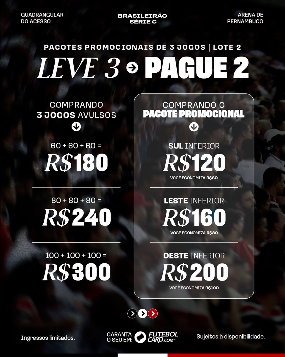 SantaCruzFC's tweet photo. PROMOÇÃO PACOTES PROMOCIONAIS! 🐍

Quer acompanhar os 3 jogos do Quadrangular do Acesso e ainda economizar? Então essa é a hora! 🐍🖤🤍❤️

🎟️ Leve 3, pague 2
💳 Divida em até 2x no cartão de crédito

Escolha seu setor, garanta o pacote promocional e venha fazer parte dessa
caminhada com o Santa Cruz! 🔥

⚠️ Ingressos limitados e sujeitos à disponibilidade.