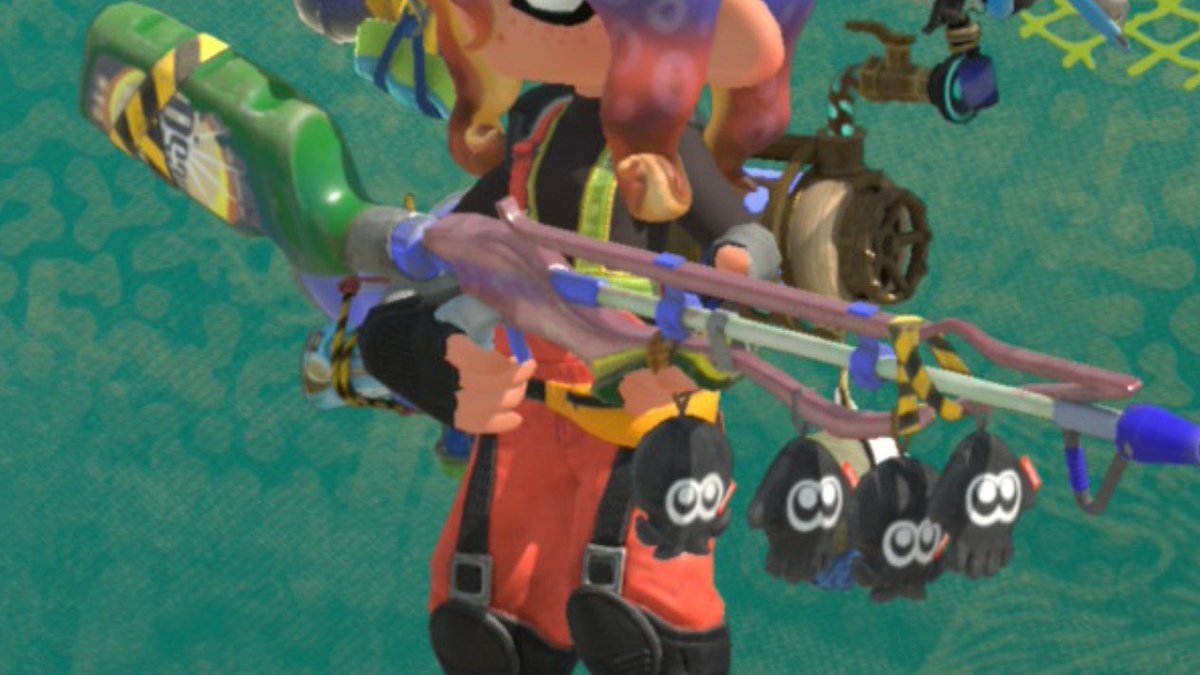 SwitchySh4rky's tweet photo. I really hope the splatoon raiders weapon accessory details were tests for future features in splatoon 4!!

Imagine if we could freely customize our weapons with stickers &amp; charms...👀 https://t.co/c8oCnPY71h