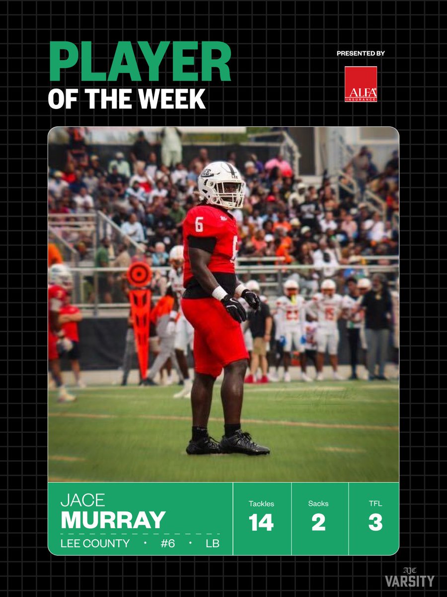 ajcvarsity's tweet photo. @jace_marquis changed the game. Early 3rd-quarter sack sparked @rockerlee229's comeback. 4Q sack put Carol City in 3rd-and-23. 14 tackles, 2 sacks, 3 TFLs.

Final: Lee County 23, No. 16 Miami Carol City 20. 

AJC Varsity Player of the Week, presented by @Alfa_Insurance https://t.co/4Moopih7SU