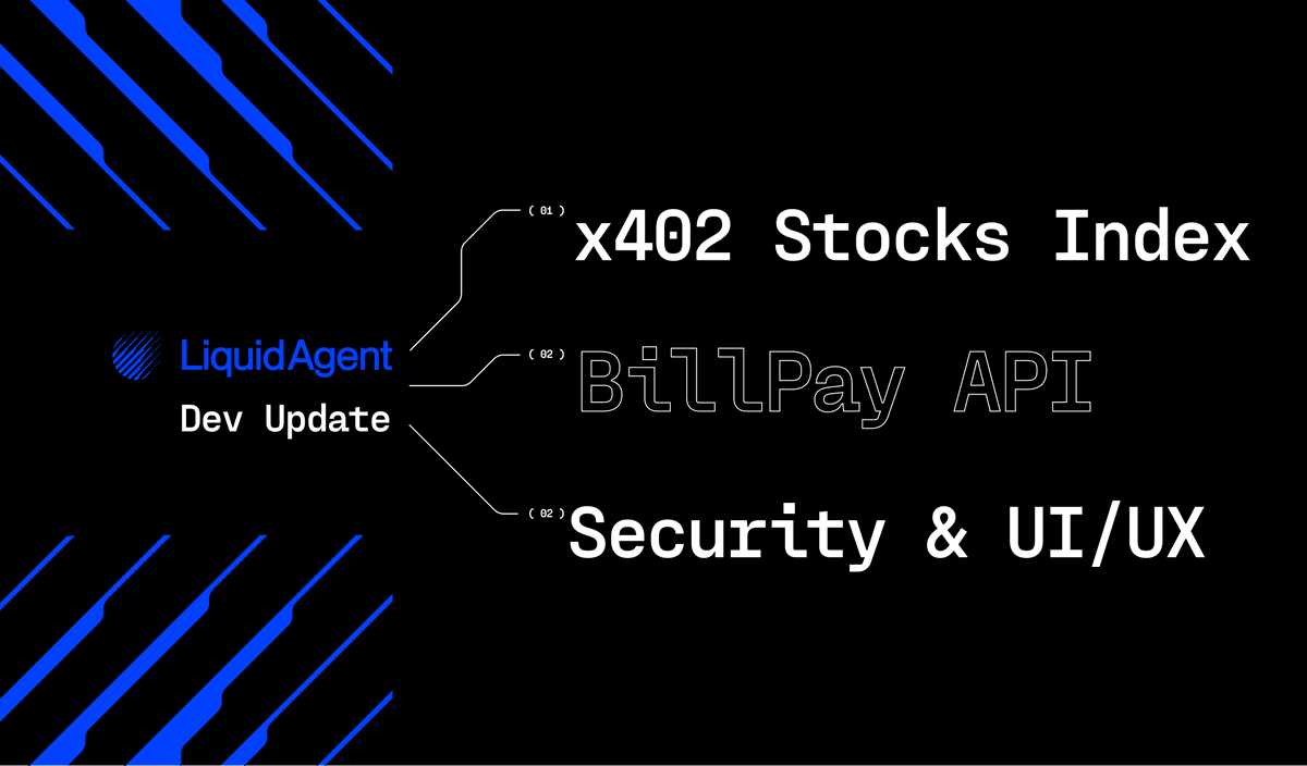 LiquidAgentAI's tweet photo. Dev Update

1. x402 Stocks Index: Live. Build a tokenized-stock index, publish it as a shareable agentic page, and let agents buy, redeem, and rebalance it over x402. → https://t.co/lBf83yuNg7

2. BillPay API: Pay rent, utilities, and more from your USDC. You approve each payment, no gas to deal with. Coming soon.

3. Security & UI/UX: Redesigned nav rail, decluttered settings, and removing more of the crypto plumbing, plus another security-hardening pass across the wallet and agent.