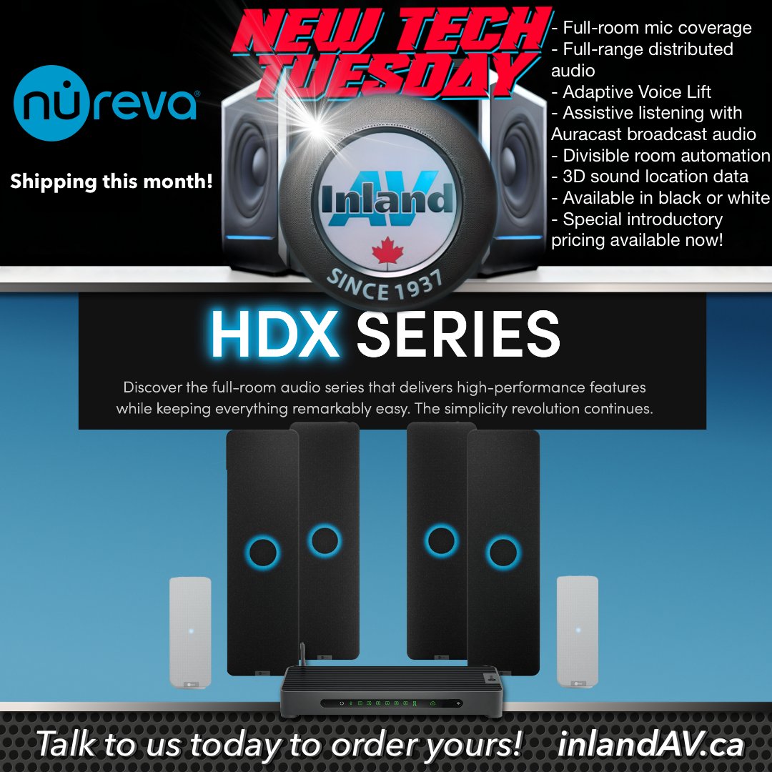 InlandAVWpg's tweet photo. New this month at Inland AV: Nureva’s HDX series delivers full-room mic coverage, Adaptive Voice Lift, and built-in Auracast broadcast audio for easy assistive listening. Big-room audio, made simple. #NewTechTuesday #InlandAV #Nureva #Auracast @NurevaInc https://t.co/4MnF3VESfe