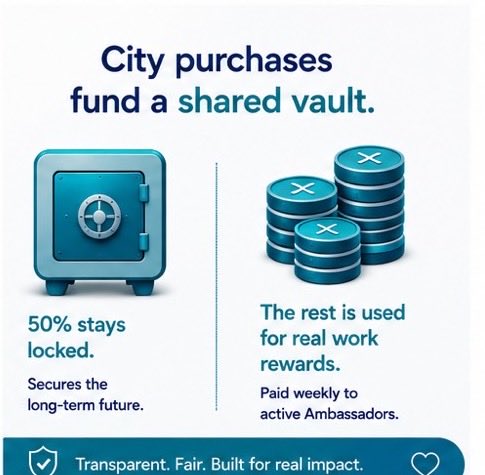GarlyLondon's tweet photo. How does the Ambassador model work? City purchases help fund a shared vault. 50% stays locked, while part of the remainder supports rewards for real Ambassador work. Real participation matters more than hype. @appGarly #GARLY #GarlyLondon https://t.co/DKaEw7Ycgf