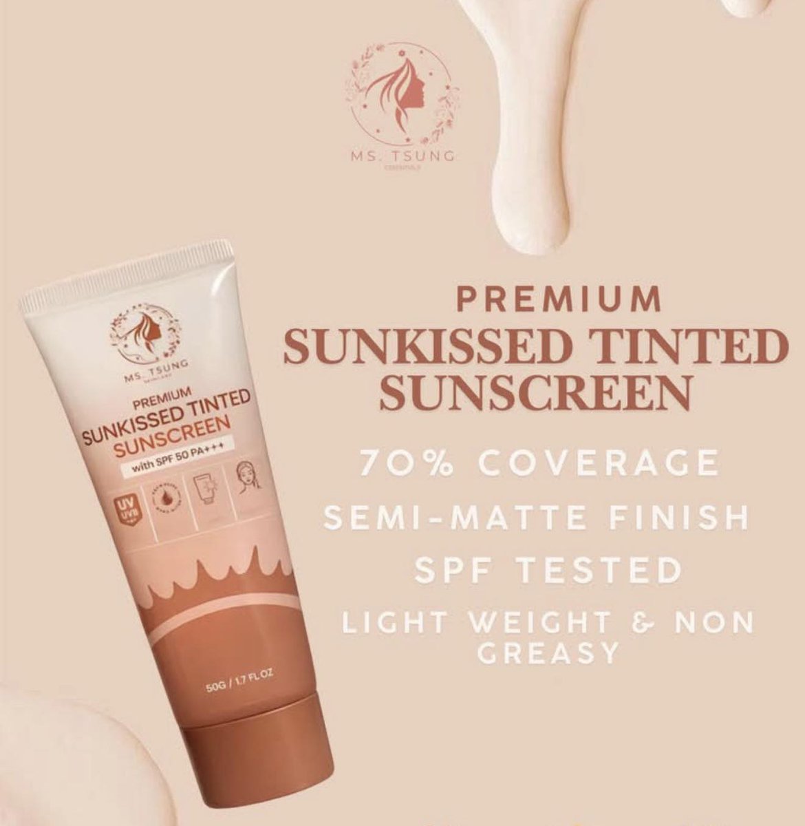 romaryto's tweet photo. Perfect base, sunscreen, at concealer in one. Ms Tsung Premium Sunkissed Tinted Sunscreen: lightweight, non-greasy kahit ilang patong, with a dewy finish for a fresh look. https://t.co/9RmStl732k