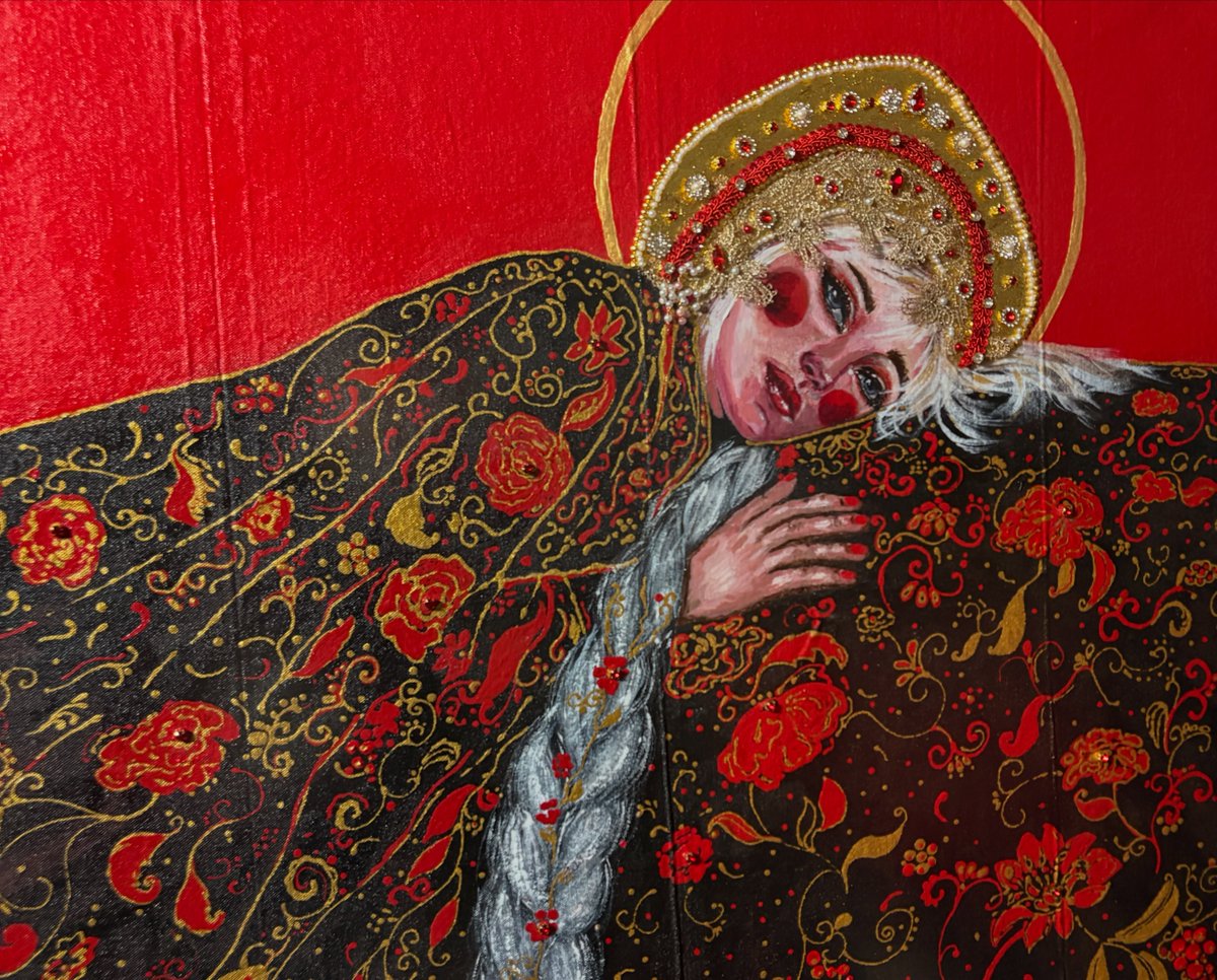 Tadeanitha's tweet photo. Introducing Oxana Konova to Ateliê Season IV: FRAMED. Her work blends Slavic folk ornamentation, Orthodox iconography, and contemporary portraiture. “Golden Tsarevna”
Acrylic and mixed media on canvas, 2026
Opening reception: August 8, 4–6 PM
367 https://t.co/p1ZKCDMcPx