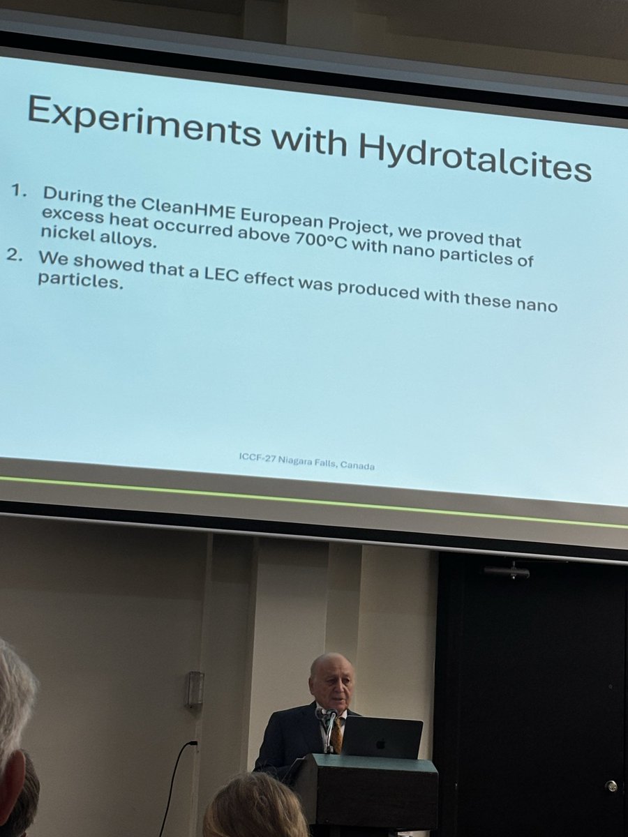 SolidStateFE's tweet photo. Jean-Paul Biberian presents observations from testing high temperature Lattice Energy Converter (LEC) results with several solid metals.

#ICCF27 #Science https://t.co/BERrjNxnNV