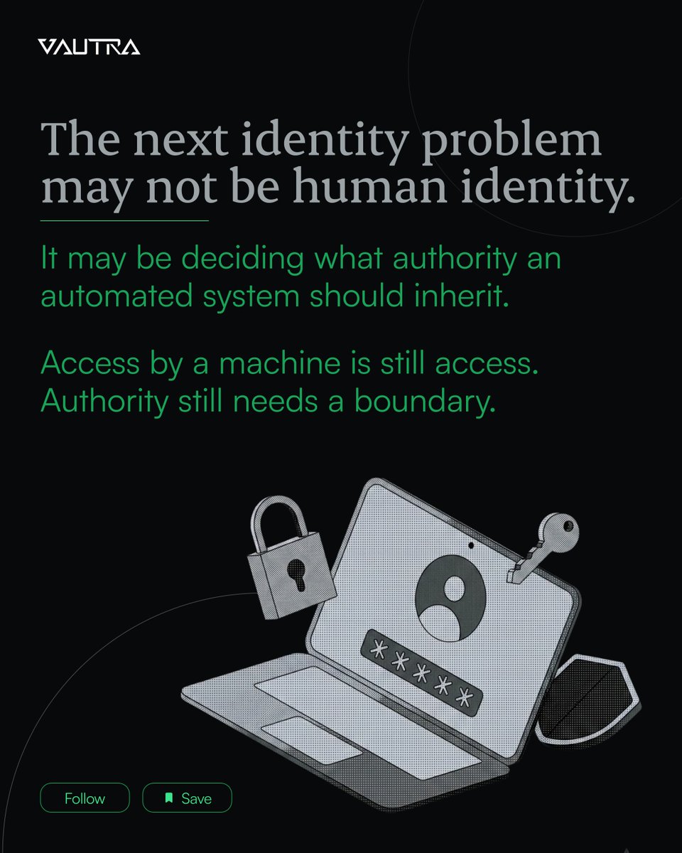 Vautra_'s tweet photo. AI agents are becoming part of enterprise access.

The question isn't just: can they authenticate?

It's what authority they have once they do.

Access data? Reach the environment? 

Decrypt it? Access is one thing. Authority is another.

#AI #AccessControl #Vautra https://t.co/IWXxX60hNX