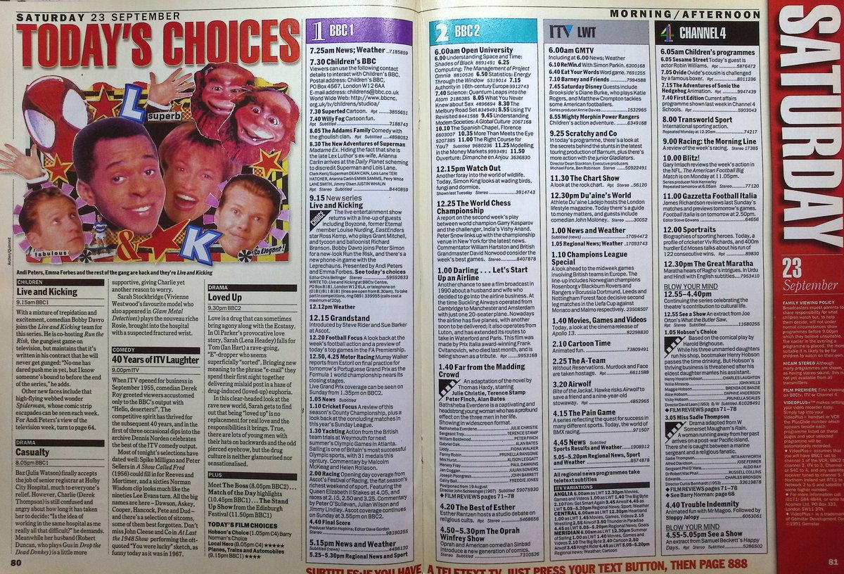 TvDidYouSee's tweet photo. #OnThisDay 23 September 1995 📺TV Listings
#Boyzone join #AndiPeters and #EmmaForbes for the new series of LIVE AND KICKING.
Tempers flare in #Casualty.
Look out for #DannyDyer and #PhilipGlenister in Love Bites: LOVED UP.
#DenisNorden has 40 YEARS OF ITV LAUGHTER. https://t.co/YWQKFr9mR2