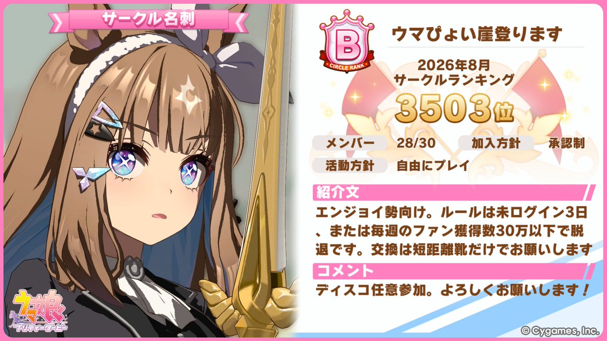 coprobo123's tweet photo. 8月のサークルランキングお疲れ様でした
5.5周年なのでサクメン2名募集中です

＃ウマ娘サークルメンバー募集中 https://t.co/vjtxqN5zwm
