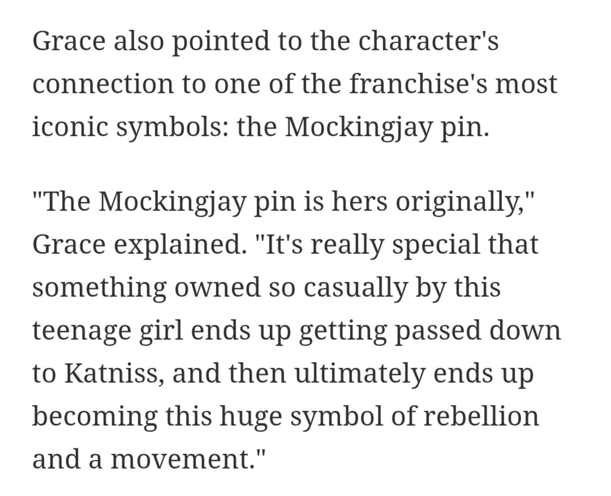 eternalroseanne's tweet photo. Mckenna Grace on Maysilee &amp; Mockingjay pin:

"The Mockingjay pin is hers originally. It's really special that something owned so casually by this teenage girl ends up getting passed down to Katniss then ultimately ends up becoming this huge symbol of rebellion &amp; a movement." https://t.co/23Nb8CSpoB