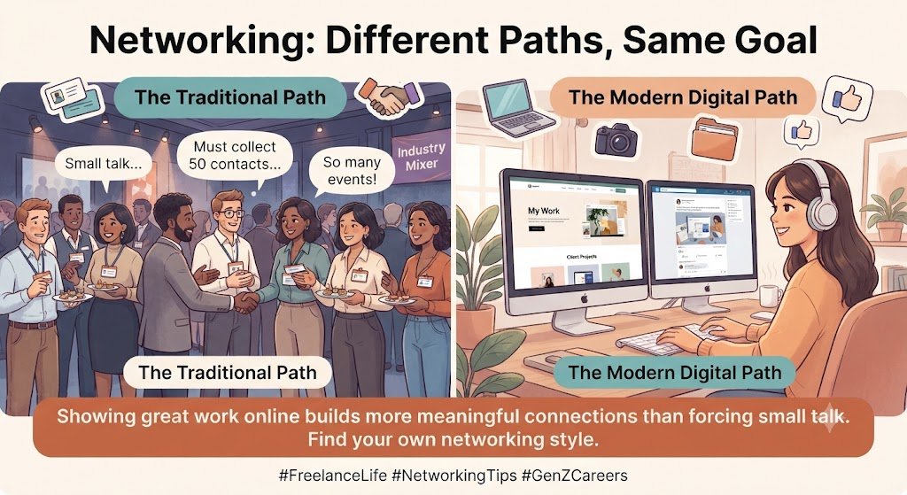 Granesh_X's tweet photo. Networking doesn't have to mean attending every event, collecting 50 contacts, and pretending to enjoy small talk.

For some freelancers, showing good work online is the better networking strategy.

Different paths, same goal: meaningful connections.

 #NetworkingTips https://t.co/WKegx6R7au