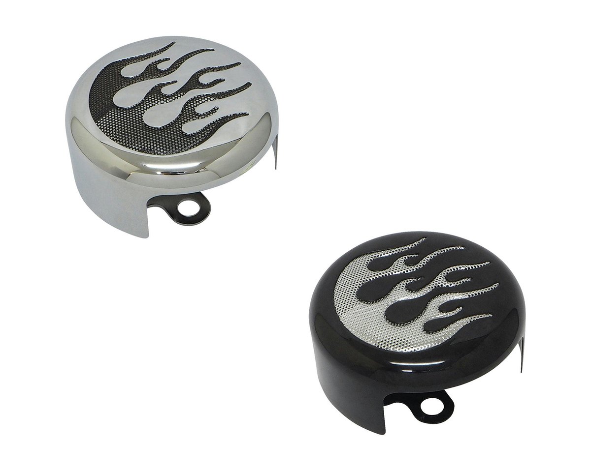 LucillaPenrx's tweet photo. Harley-Davidson-style Round Flame Horn Cover

Here’s how it looks installed
021894: Round Flame Horn Cover, Chrome
021895: Black

The stock horn cover may be chrome or black, but it lacks decorative flair. Add a Harley-style flame pattern with this https://t.co/4BcZEYOg09