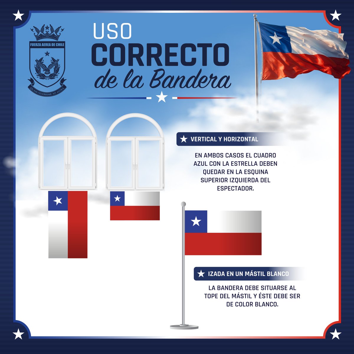 FACh_Chile's tweet photo. 🇨🇱 Comienza septiembre, el #MesDeLaPatria

¿Sabes cómo instalar correctamente la bandera chilena?

Respetar nuestros símbolos patrios también es parte de nuestra identidad y de las tradiciones que nos unen como país.

Aquí te mostramos cómo hacerlo correctamente▶️ https://t.co/R5afjaUPTY