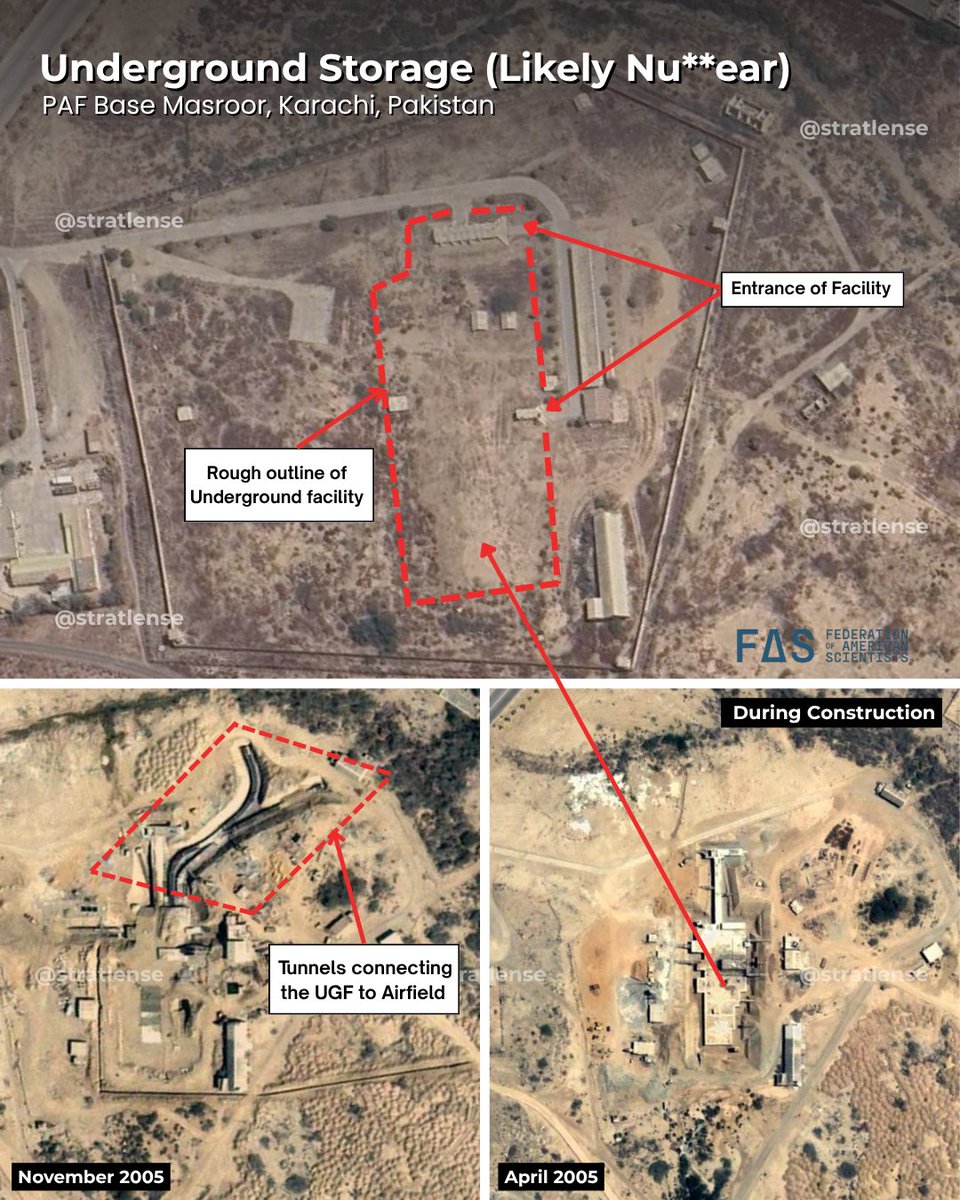 Stratlense's tweet photo. PAF Base Masroor, Karachi, hosts a series of underground facilities reportedly connected to the airfield through tunnels. The facilities are assessed as weapons-storage infrastructure and may potentially serve a nuclear-weapons storage role. https://t.co/6tN2wYihRE