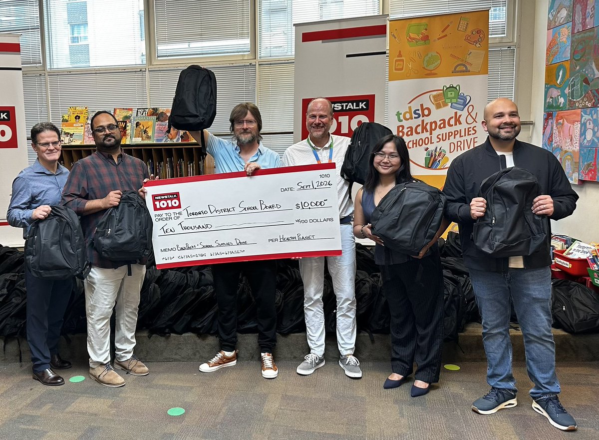 NEWSTALK1010's tweet photo. A BIG thank you to @healthyplanetca for their HUGE $10,000 donation and for everyone helping make a difference! 💙🤝

The @tdsb backpack &amp; school supply drive is accepting donations through the end of September. 🚌📝

Donate at https://t.co/I69AcnICPK today! https://t.co/S5vpfACkfL
