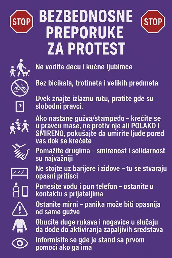 KrahSNSa's tweet photo. 📢📢📢Preporuke za Novi Sad 4.9.2026.

Ne udljavajte se sami, vec samo u grupi od min. 3 https://t.co/c5z7R6LMrG