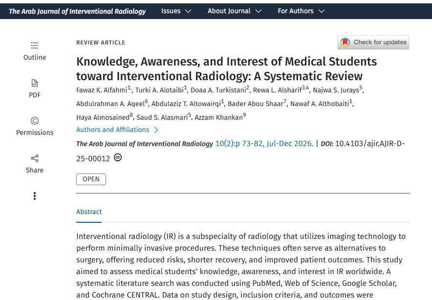 Arabjir's tweet photo. 📢Check out our latest Review Article: “Knowledge, Awareness, and Interest of Medical Students toward Interventional Radiology: A Systematic Review” published at the #AJIRjournal

📌Read it now: https://t.co/wVwQHPCzgb

@AzzamKhankan @BaderAbsh https://t.co/sjJkk4fSLT