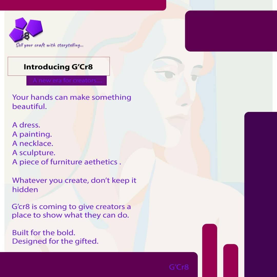 cr8_g31172's tweet photo. Whatever you create, don't keep it hidden.
G'Cr8 is coming to give you a place to show what you can do.
#art #tech #craftmanship https://t.co/uUrvlcdMj1