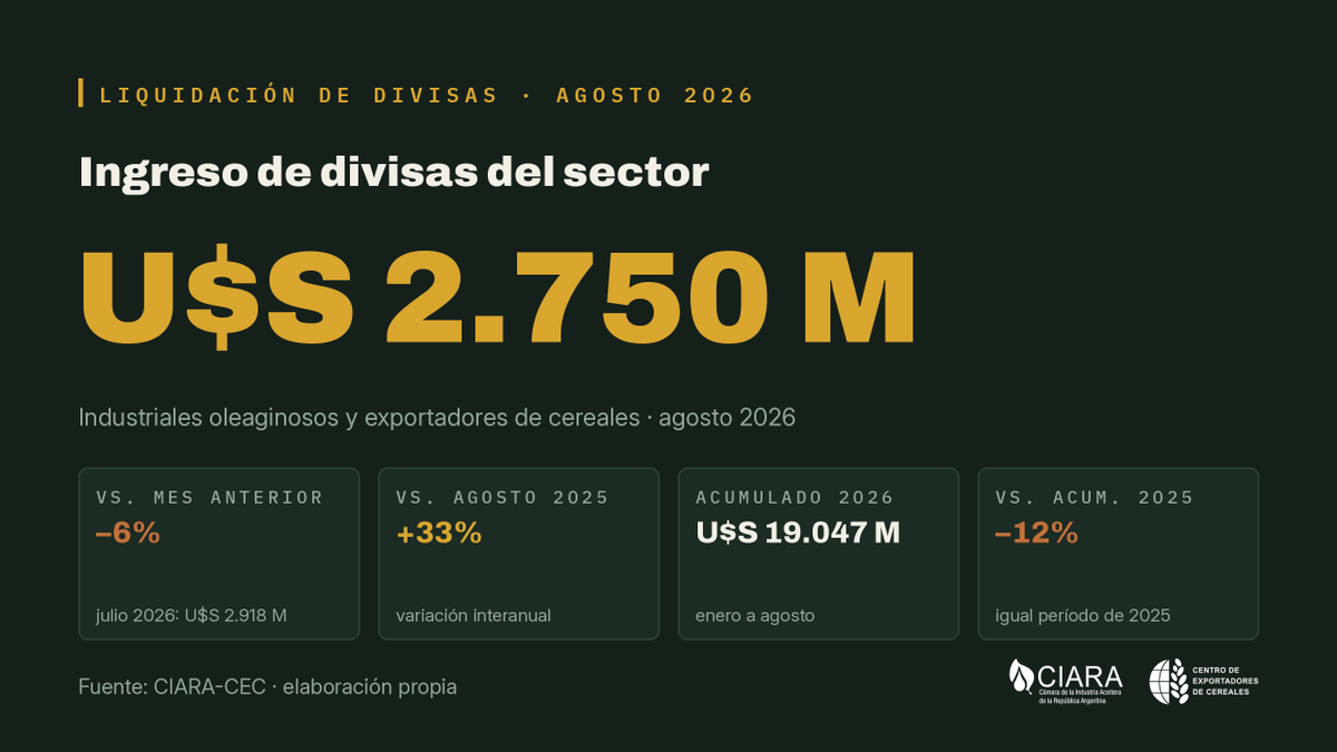 exportcereales's tweet photo. 📌 COMUNICADO CIARA-CEC

Las empresas del sector liquidaron en agosto U$S 2.750 millones, un 6% menos que en julio y un 33% más que en agosto de 2025.

El acumulado del año asciende a U$S 19.047 millones, un 12% menos que en igual período de 2025. https://t.co/5rSQUg9vLK
