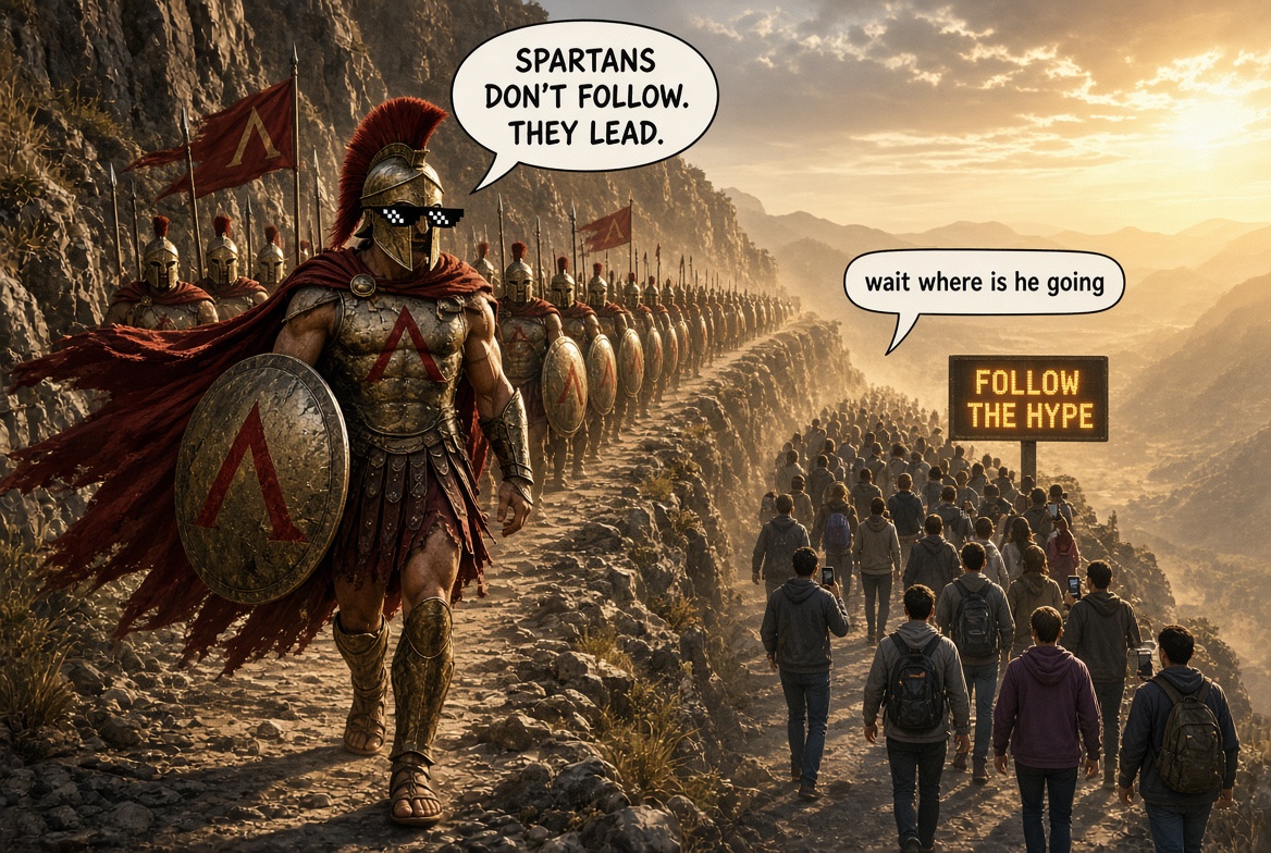 SpartansSol's tweet photo. Whole timeline walking toward “follow the hype.”

We’re going the other way. No map. No date. Just the front of the line 🛡️

Soon. Stay in formation. $SPART
#spartans #memecoin https://t.co/WHXkB6N3yO