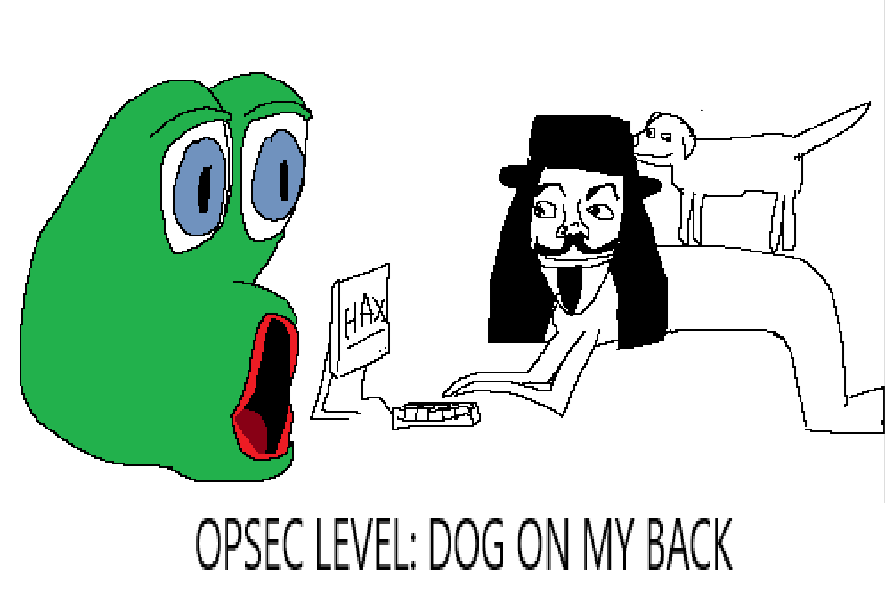 sweeegob's tweet photo. thinking about that ai opsec meme with the dog on the guy's back but i don't like ai so i drew it https://t.co/vCmyJMSwQ5
