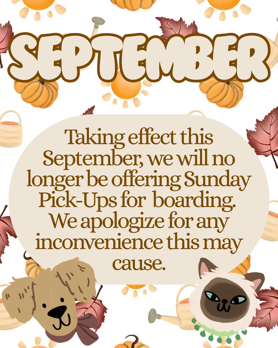 BentwoodNorth's tweet photo. 📣🐾Don't forget! Starting this month we will not be offering Sunday pick-ups for boarding! We do apologize for an inconvenience this may cause.
#NBVHBFamily #ImportantUpdate #PetBoarding #PetCare #September https://t.co/OHkhWKOMmh