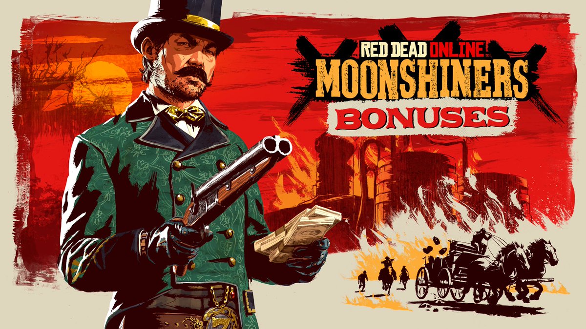 RockstarGames's tweet photo. Complete Moonshiner Sales in Red Dead Online to earn 3X RDO$, Role XP, and XP all month long. 

Plus, earn Emotes and returning limited-time clothing for completing Moonshiner Sales, 3X RDO$ and XP on the Featured Series, and more: https://t.co/4r3iWUMfe9 https://t.co/g5HdGSqlOg