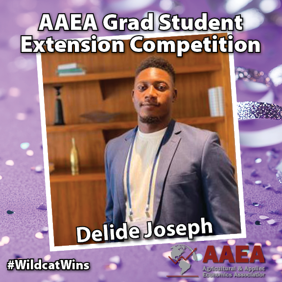 kstateagecon's tweet photo. #WildcatWins | Congratulations to K-State Agricultural Economics graduate student Delide Joseph on earning 1st Place in the Graduate Student Extension Competition at the 2026 Agricultural and Applied Economics Association (AAEA) meeting! #KStateAgEcon #AAEA #Extension https://t.co/gf0STiuUaX