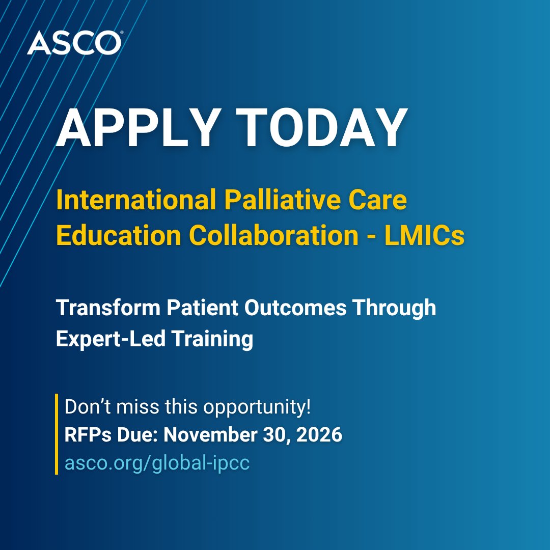 ASCO's tweet photo. RFPs are open for the 2027-2029 ASCO International Palliative Care Education Collaboration! Health orgs in LMICs working in cancer: collaborate on a multi-year project featuring a Train the Trainer program &amp; more!

Apply by 11/30: https://t.co/kXMFYyEEWT 
#ASCOGlobalImpact https://t.co/DH7kcyxTHJ