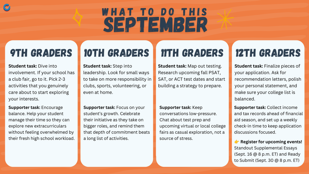 mycoalition's tweet photo. September is here! 🍂 Kick off the month on the right foot with these tips.

Also this month:
📝 Sept. 16: Standout Supplemental Essays 
📬 Sept. 30: Ready to Submit: Final Steps for a Strong College Application

Register: https://t.co/4W1mLrKkA3 https://t.co/A6oTxH8LLS