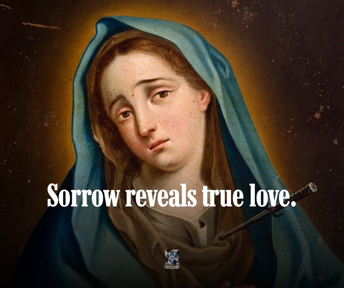 dominicanfriars's tweet photo. The month of September is dedicated to the Seven Sorrows of the Blessed Virgin Mary.

Mary’s example is not one of wallowing in misery. It instead drives the Church toward the real treasure that lies beneath the tears. We celebrate this sorrow because it reveals true love. We are sorrowful because that is what love does when faced with evil. 

Because of this love, we look upon Christ as he hangs on the cross, a cause of immense sorrow and yet the greatest instrument of love. We see him not only as a victim, but also as our Savior. Mary looked upon her Son in the same way, and it was this sight she treasured in her pierced heart. 
—Fr. Bertrand Hebert, O.P.