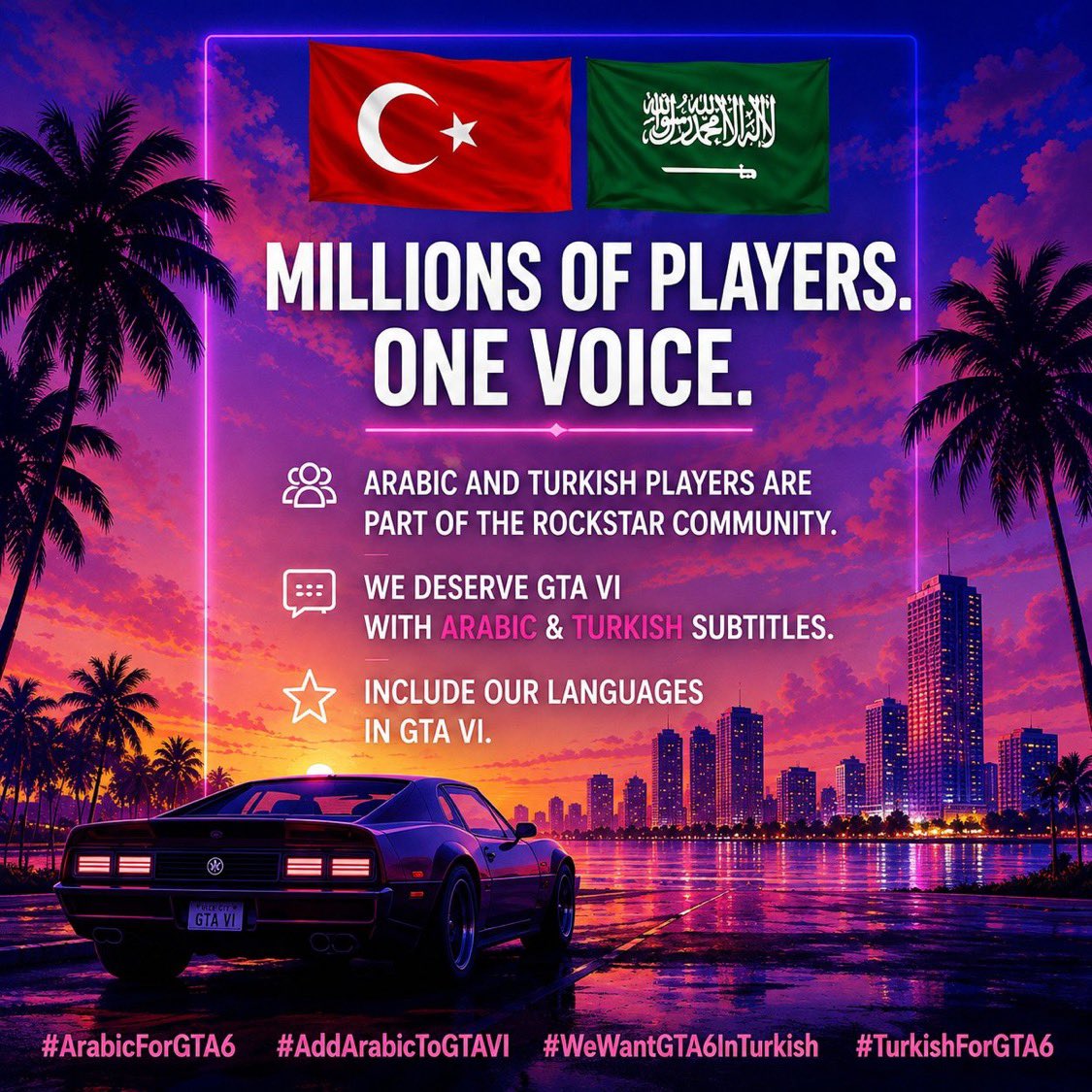 iBR0KE's tweet photo. @RockstarGames Millions of players. One voice.
Arabic and Turkish players are part of the Rockstar community.
We deserve GTA VI with Arabic &amp; Turkish subtitles.
Include our languages in GTA VI.
#ArabicForGTA6 #AddArabicToGTAVI #WeWantGTA6InTurkish #TurkishForGTA6 https://t.co/CjVonn7swj