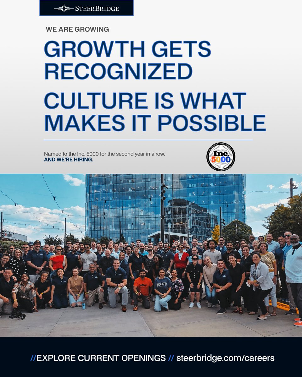 steerbridge's tweet photo. Growth gets recognized. Culture is what makes it possible.

SteerBridge was recently named to the Inc. 5000 for the second year in a row.

We are growing because of people who take ownership, solve hard problems, support the team, and stay accountable to the mission.

We are hiring.

Explore current openings: https://t.co/Sc9ZTeuMlK

#SteerBridge #Inc5000 #WeAreHiring #GovConJobs