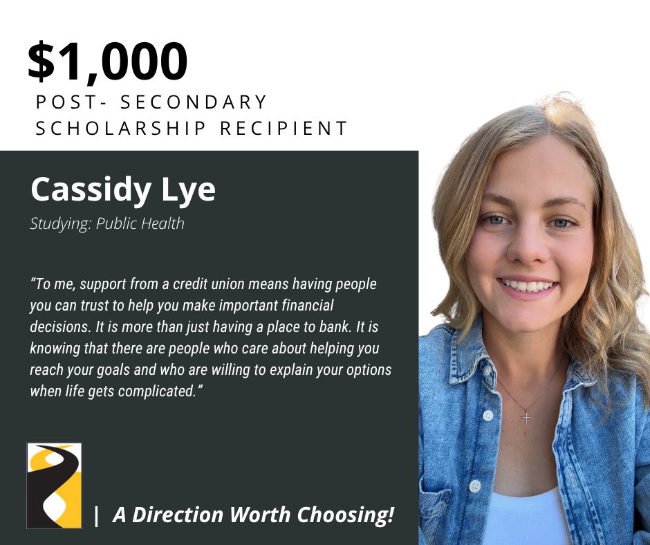 CrossroadsCU's tweet photo. 🎓 We're proud to recognize Cassidy Lye as our final 2026 Post-Secondary Scholarship recipient! Wishing her all the best as she pursues a degree in Public Health and builds a bright future. 💛 #SupportingSuccess #StudentSuccess #CrossroadsCreditUnion https://t.co/QfOR7Vjj00