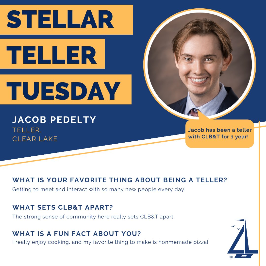 CLBankAndTrust's tweet photo. It's Stellar Teller Tuesday, and this week we are recognizing our Teller, Jacob Pedelty! Stop by the Clear Lake location to meet him if you haven't already. We appreciate all that you do, Jacob!
#ClearLakeBank #TellerTuesday #EmployeeAppreciation https://t.co/rZbqioQ9oS