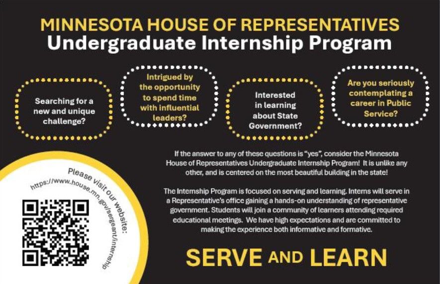 MNHouseInfo's tweet photo. Are you a college student interested in the legislative process? Learn more about the Minnesota House of Representatives' 2027 Undergraduate Internship Program! https://t.co/J05MXrhfIU 

Deadline to apply is Oct. 29 ⏳

#mnleg https://t.co/g3qbzV9egL