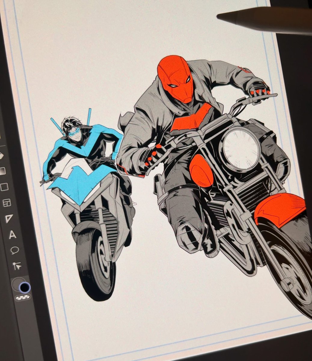 TravisMercer15's tweet photo. Just 2 brothers riding their bikes through town. ❤️💙🦇🏍️

WIP for fun. Decided to go with classic helmet red hood. Going to really push the mood/environment for this one. 

Would you like to see these two doing a biker road trip adventure???

#nightwing #redhood https://t.co/UqCUOqPM3v