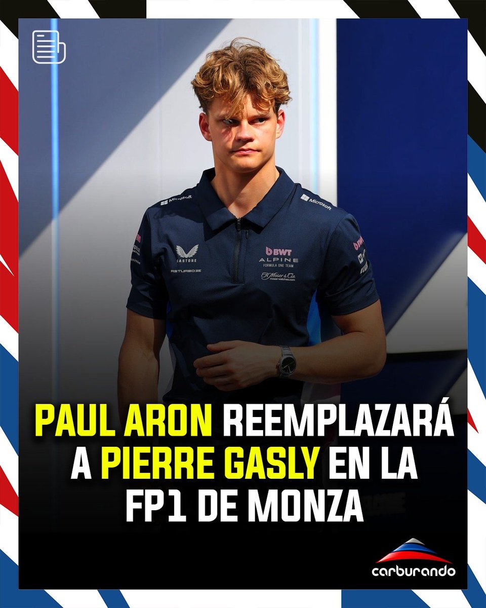 CarburandoTV's tweet photo. 🚨 Paul Aron, piloto de reserva de Alpine, manejará el auto de Pierre Gasly durante la Práctica Libre 1 en Monza.
👉 Esto forma parte de las sesiones obligatorias para jóvenes pilotos que deben cumplir los equipos durante la temporada.
#F1 #Alpine #ItalianGP https://t.co/2irVpOGdiQ