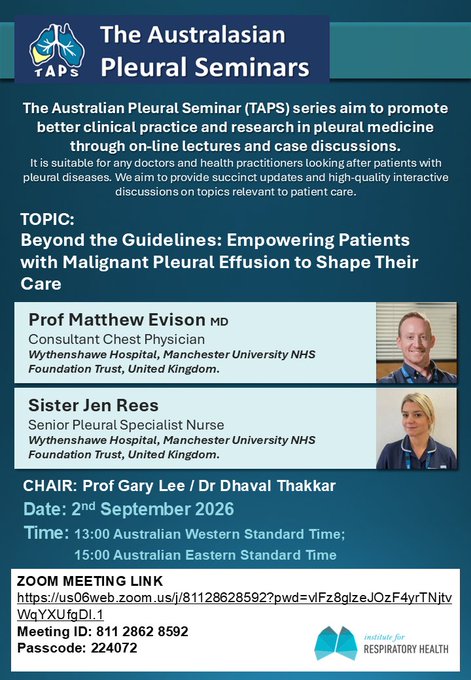 YCGaryLee's tweet photo. Sept 2: THE AUSTRALASIAN PLEURAL SEMINARS feature @MatthewEvison1 @OfficialUoM + Jen Rees @WythenshaweHosp. 'My Patient Journey' provides info to empower patients with #malignant #pleural #effusions to make informed Rx decisions.
@UKPleura @AAB_IP @tsanz_thoracic @ALATorax @PleuralPOCUS @TheRACP @Mesouk @ScotMesoNet