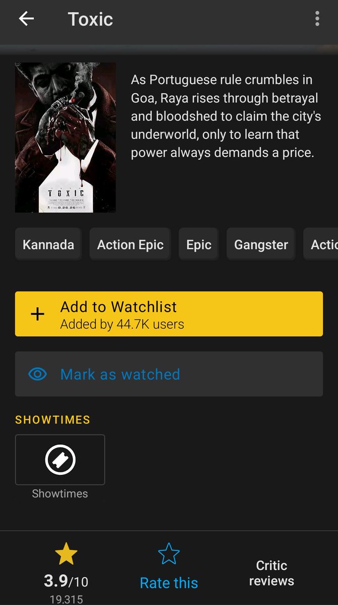 VikHasya's tweet photo. Toxic 's imdb rating has fallen to 3.9.
But look at the rating distribution. Looks like a planned sabotage to give its a 1 🌟 rating https://t.co/85ryjxQ1dL