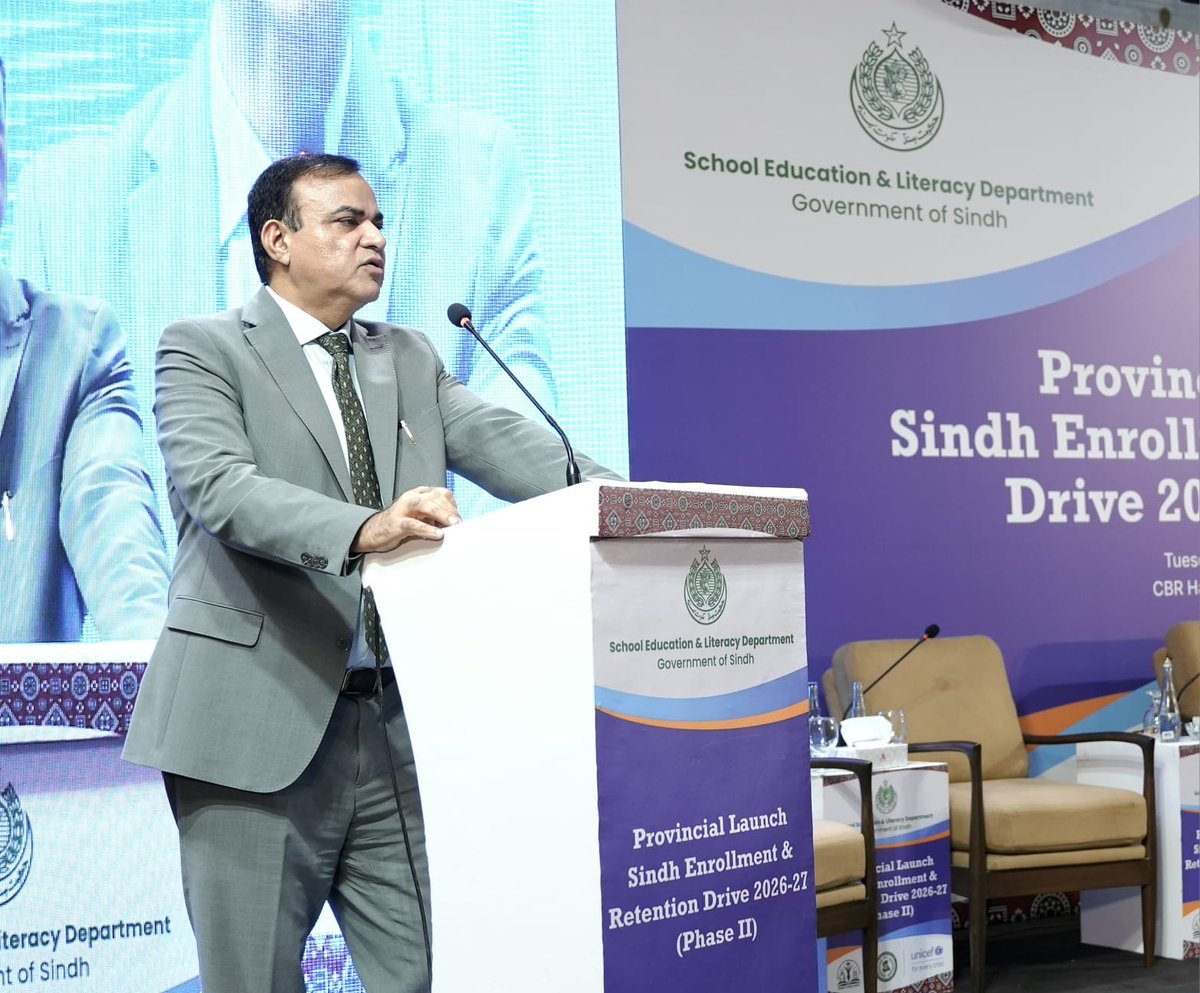 SELDGOS's tweet photo. School Education & Literacy Department, Government of Sindh, in collaboration with UNICEF, organized the Sindh Enrollment & Retention Drive (#ERD) Phase-II Provincial Launch at Marriott Hotel, Karachi.

The event was graced by Mr. Zahid Ali Abbasi, Secretary, SELD, and Mr. Prem Bahadur Chand, Chief Field Office, UNICEF.

The launch highlighted Phase-I achievements and Phase-II priorities, including Social and Behaviour Change (SBC) interventions to strengthen the enrollment, retention, and re-enrollment of children across Sindh.

The event brought together SELD officials, education leaders, teachers, and development partners, reaffirming a collective commitment to Enroll, Retain & Learn.

#SindhERD2026_27  #EnrollmentAndRetention #SELD #RSU #UNICEF #EducationForAll