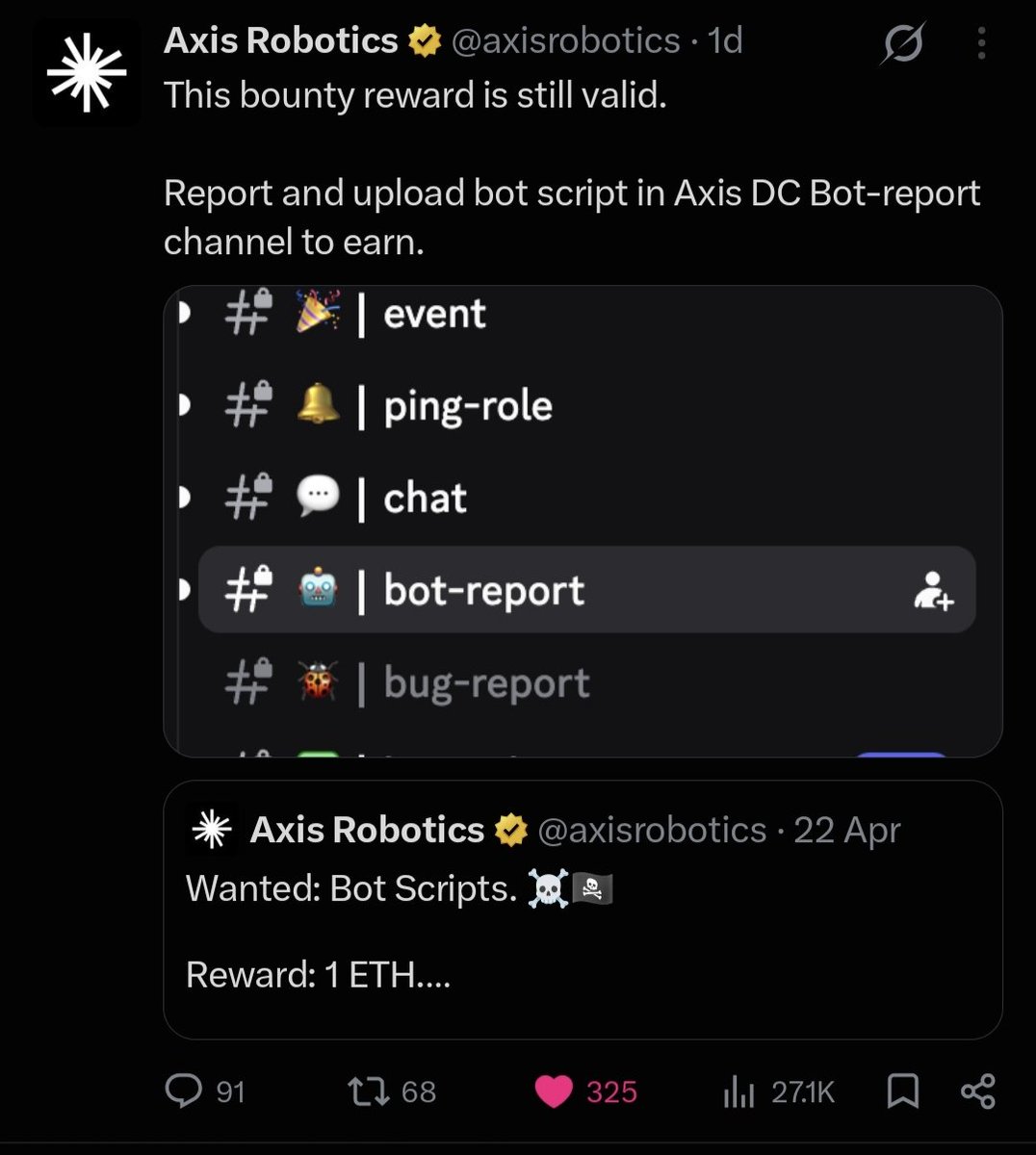TamimS99273's tweet photo. For those who missed this 
@axisrobotics is still running a 1 ETH bounty for the community.
The idea is simple:
• Spot a new functional bot script

• Report it in Discord #bot-report

• Be the first valid report

They’re serious about data quality, so if you come across a working bot, don’t just scroll past.

Spot it → Report it → Earn 1 ETH

Pretty solid opportunity rn.