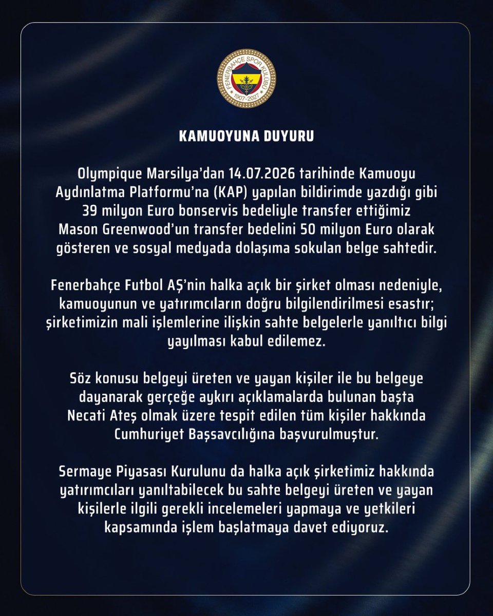 barknedit's tweet photo. 🚨 Fenerbahçe, Mason Greenwood’un transfer bedelini 50 milyon € olarak gösteren ve sosyal medyada dolaşıma sokulan belgenin sahte olduğunu ve belgeyi dolaşıma sokanlar ile Necati Ateş hakkında suç duyurusunda bulunulduğunu duyurdu. https://t.co/lnBCd11I1E
